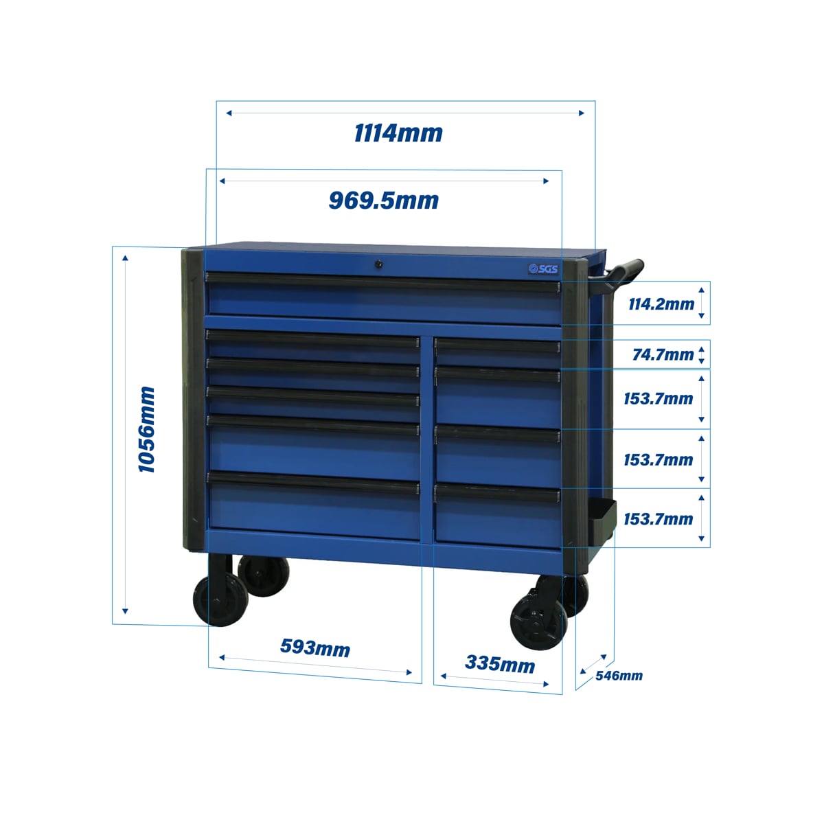 SGS 44in Roller Cabinet with Top Hutch- 10 Drawers- Blue